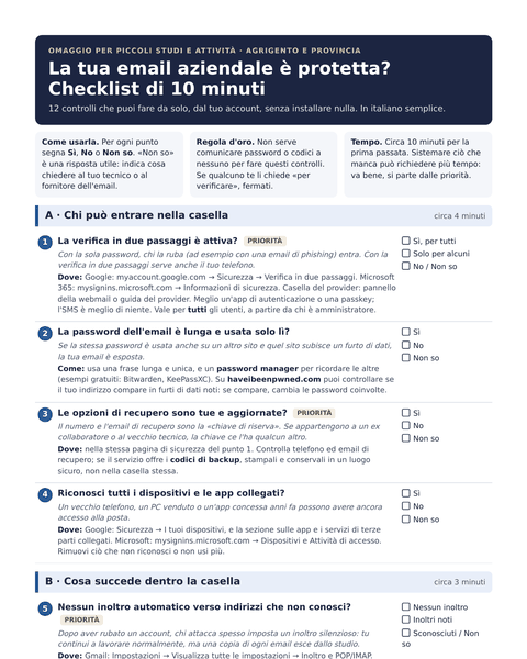 Prima pagina della checklist «La tua email aziendale è protetta?»
